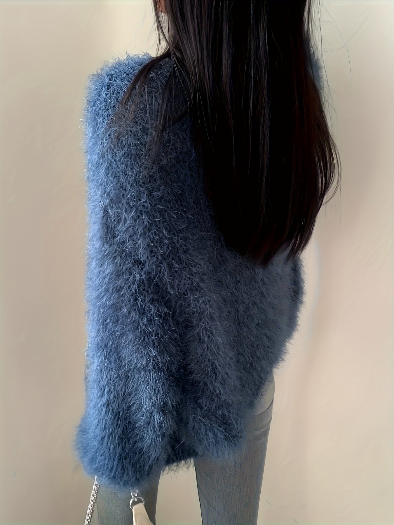 Women's Cozy V-Neck Sweater Coat Imitation Mink Cardigan - Loose Fit Long Sleeve Medium Stretch Fall Winter Casual Outerwear, Cute Sweater, Seasonal Wardrobe, Relaxed Silhouette, Soft Fabric, Casual Attire