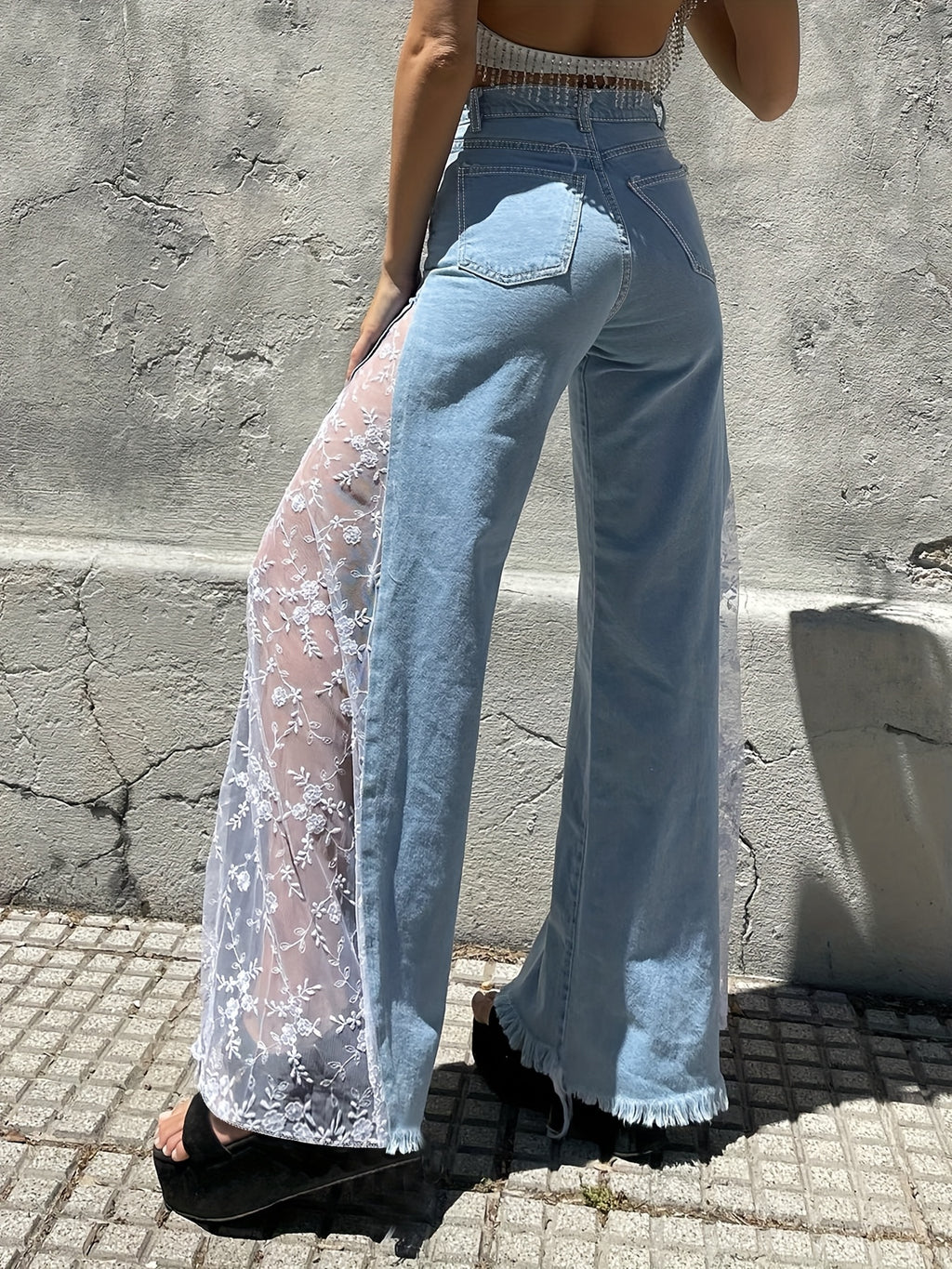 Denim Flared Trousers with Lace Stitching