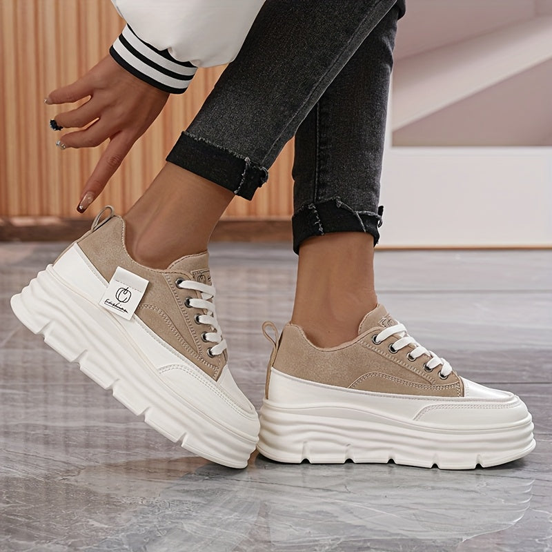 Women's Low-Top Lace-Up Sneakers - Beige/ White Faux Cover-like Synthetic Cover Arch Moccasin-Style Shoes with EVA Cushioned PVC Sole, Minimalist White Laces & Beige Traction Tread - All-Season Casual, Office, Gym, Walking Sh
