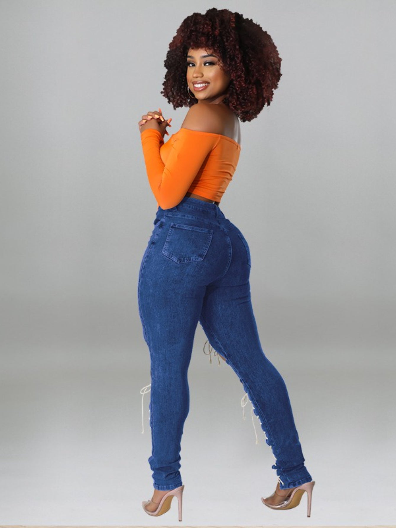 Cropped Denim Jeans with Lace-Up Detail