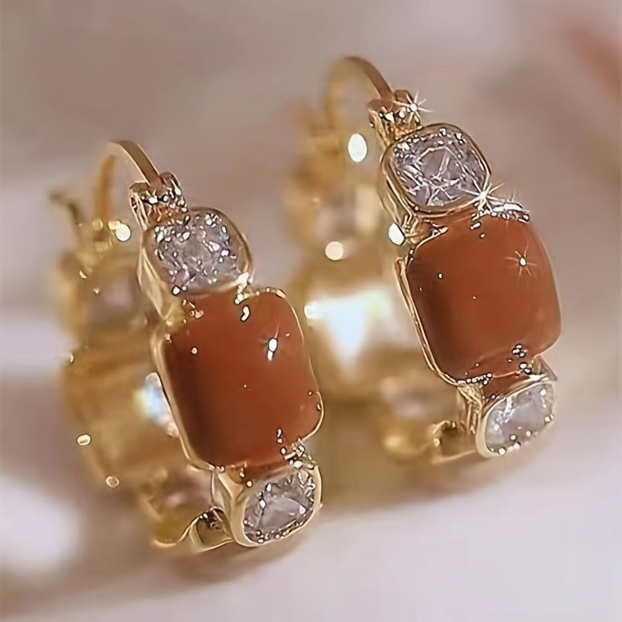 14K Golden Plated Zinc Alloy Hoop Earrings with Artificial Crystal Mosaic, Geometric Enamel Design