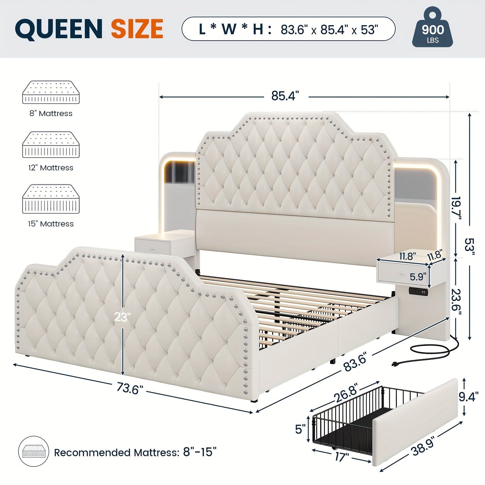 Queen Bed Frame with 2 Nightstands & Mirrors