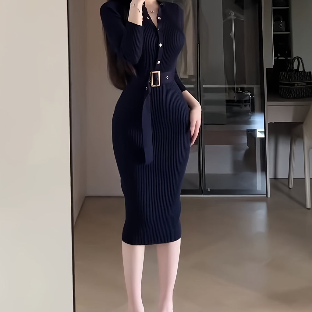 Women'S Elegant Korean Style Sweater Dress - Long Sleeve A-Line Skirt with Back Slit, Stretchy High-Waisted Mid-Length Winter Dress, Soft Fabric For Fall/winter, Casual To Formal Wear, Winter Dresses, Formal Winter Wear, Soph