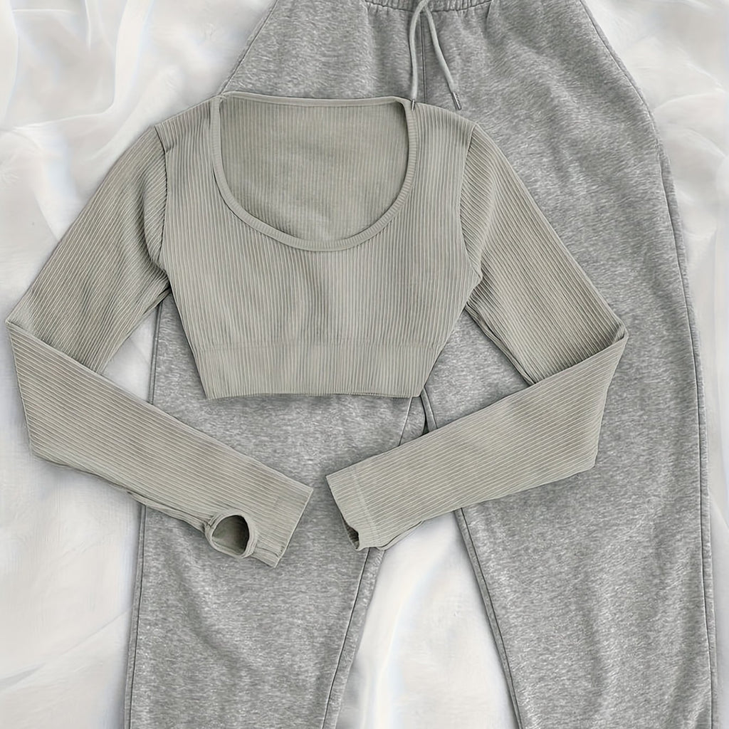 Solid Color Long Sleeve T-Shirt & Wide-Leg Pants with Drawstring Waist