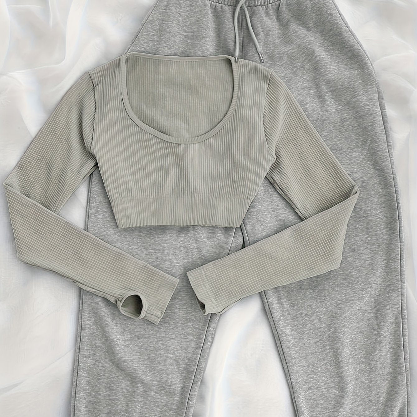 Solid Color Long Sleeve T-Shirt & Wide-Leg Pants with Drawstring Waist