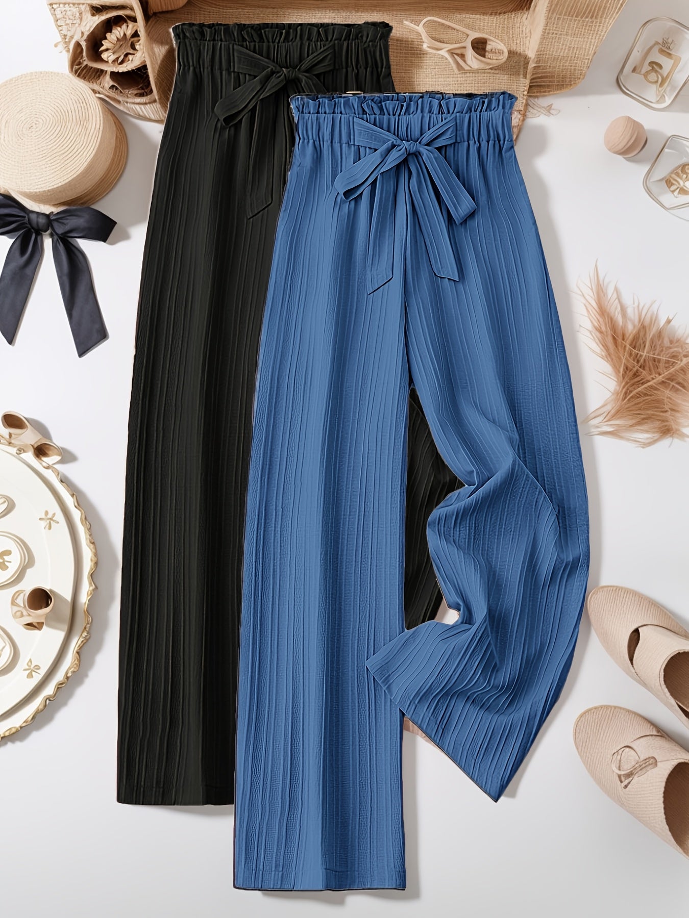 Two-Pack Pleated Striped Pants with Bow Detail