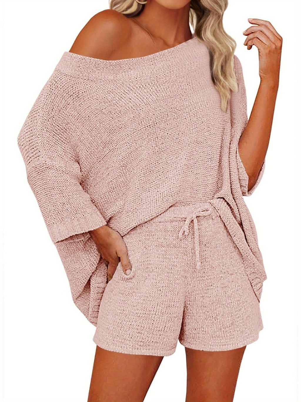 Women's 2pcs Outfits Sweater Sets Off Shoulder Knit Top Shorts Matching Suits Cute Pajama Lounge Set