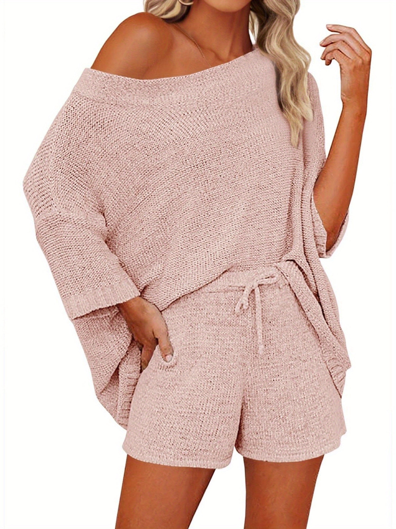 Women's 2pcs Outfits Sweater Sets Off Shoulder Knit Top Shorts Matching Suits Cute Pajama Lounge Set