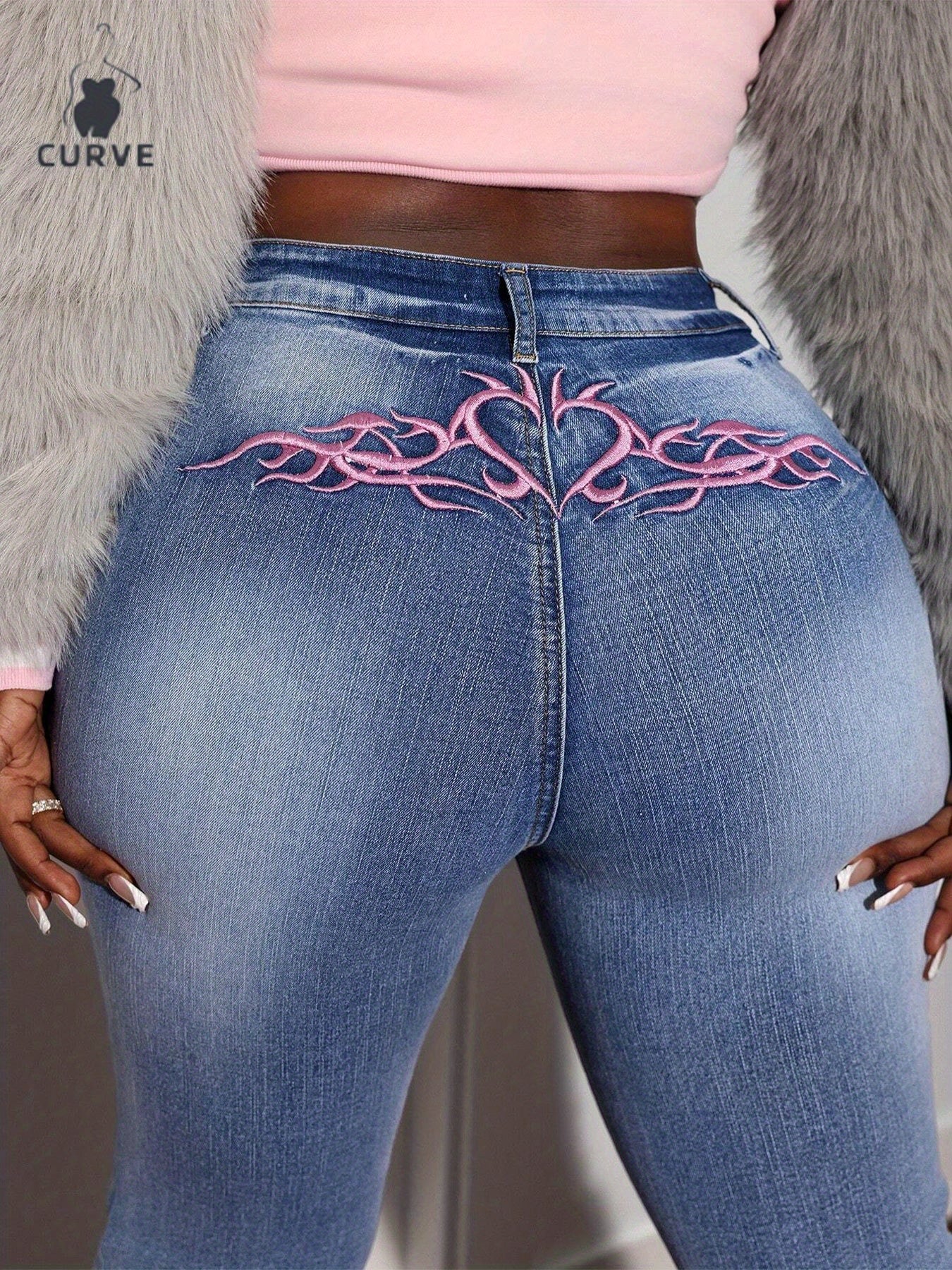 Stretch Flared Jeans with Pink Embroidery