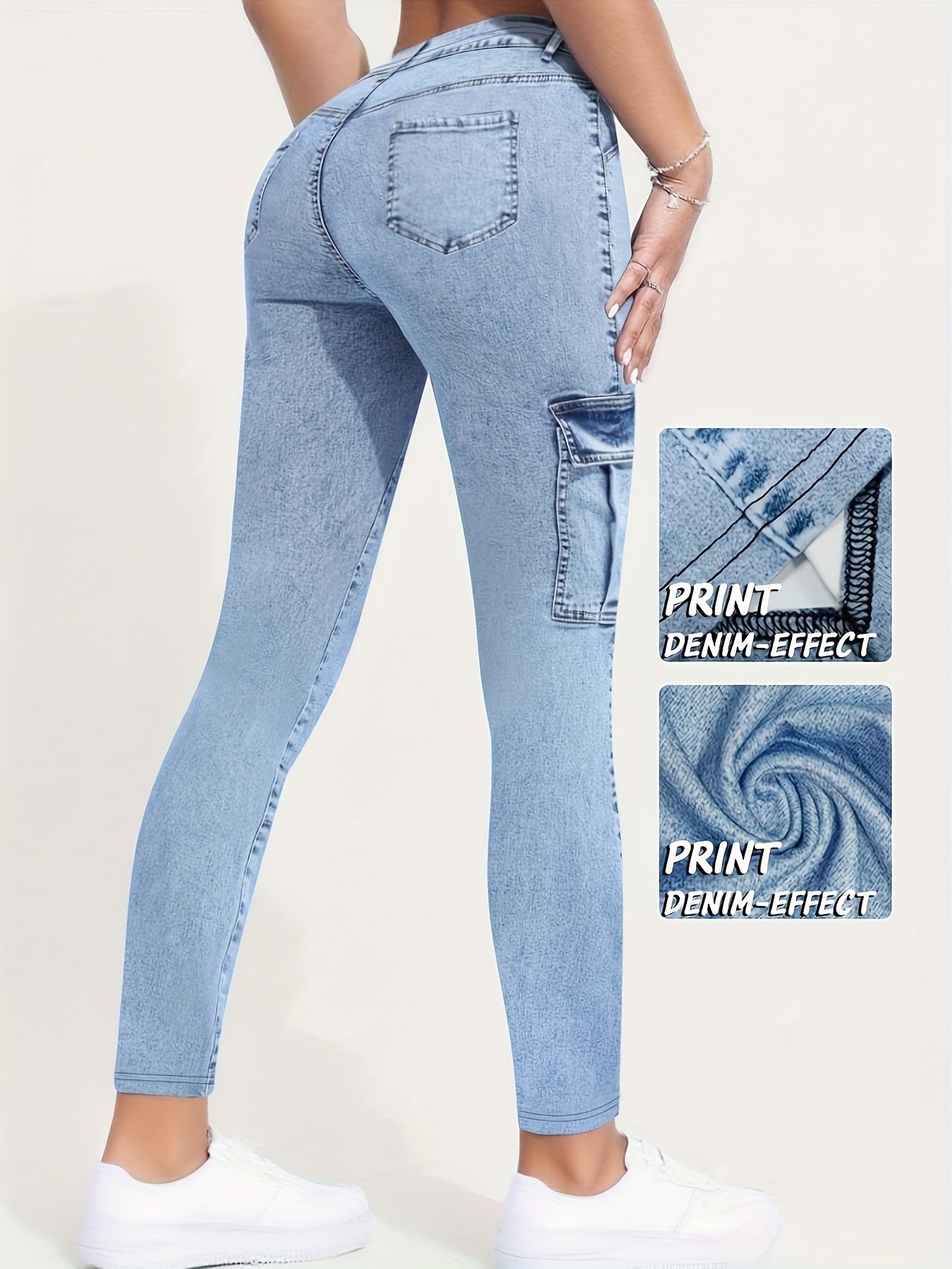 Long Leggings Printed with Faux Denim And Featuring Pocket Designs