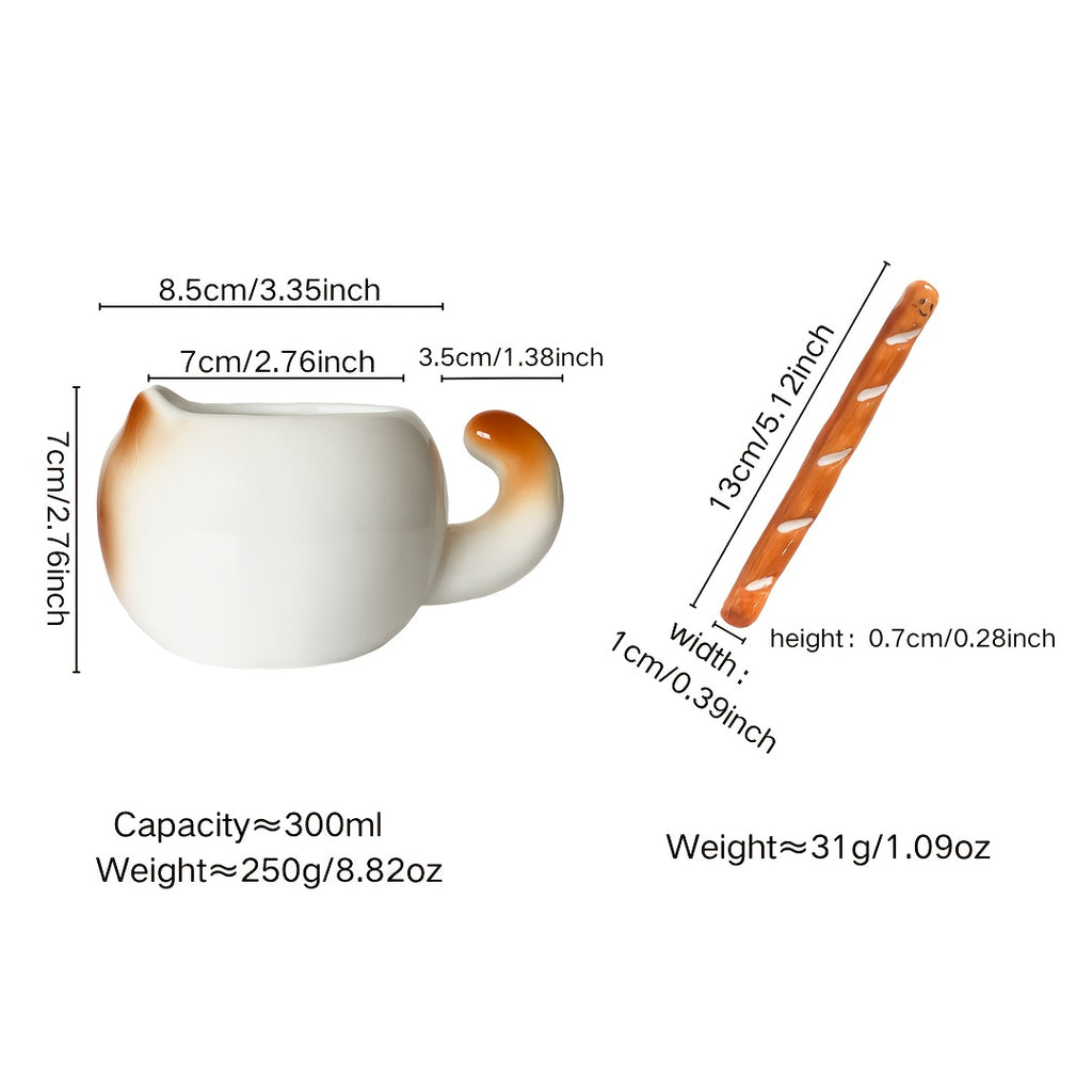 {1/2pcs} Cat-shaped Ceramic Mug, with a Bread-shaped Stirring Stick