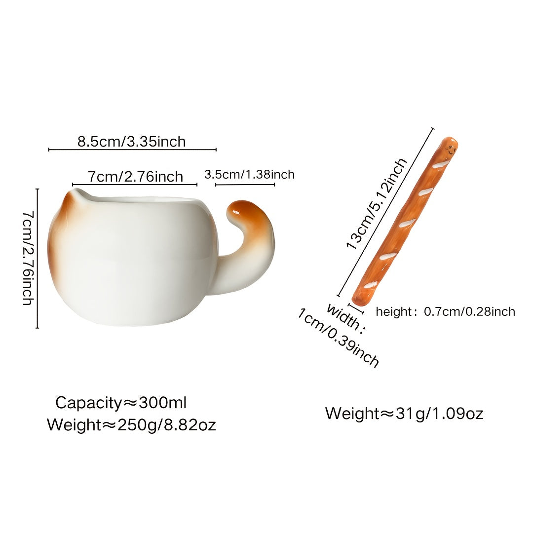 {1/2pcs} Cat-shaped Ceramic Mug, with a Bread-shaped Stirring Stick