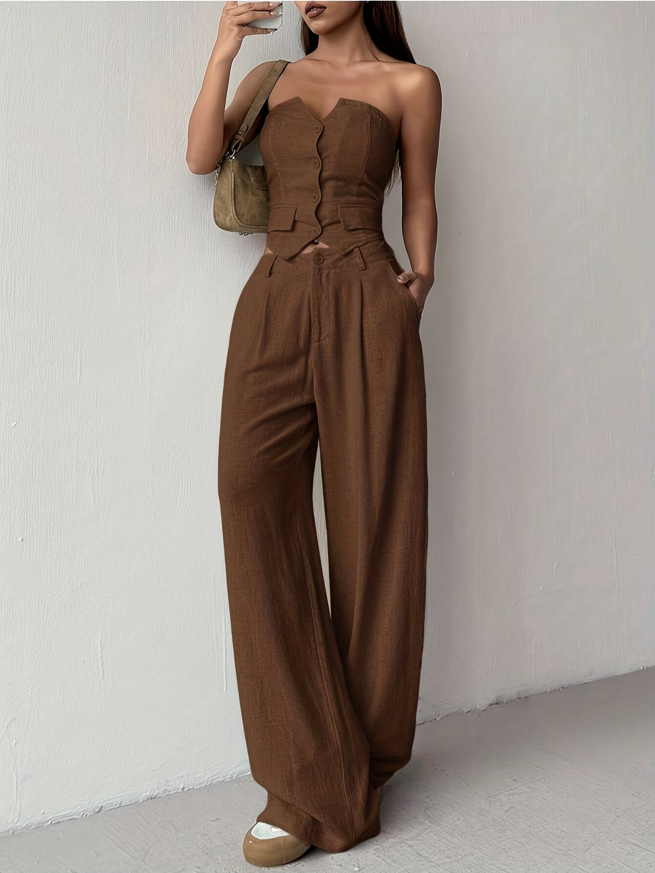 Single-Breasted Corset Top & Wide-Leg Pants Suit