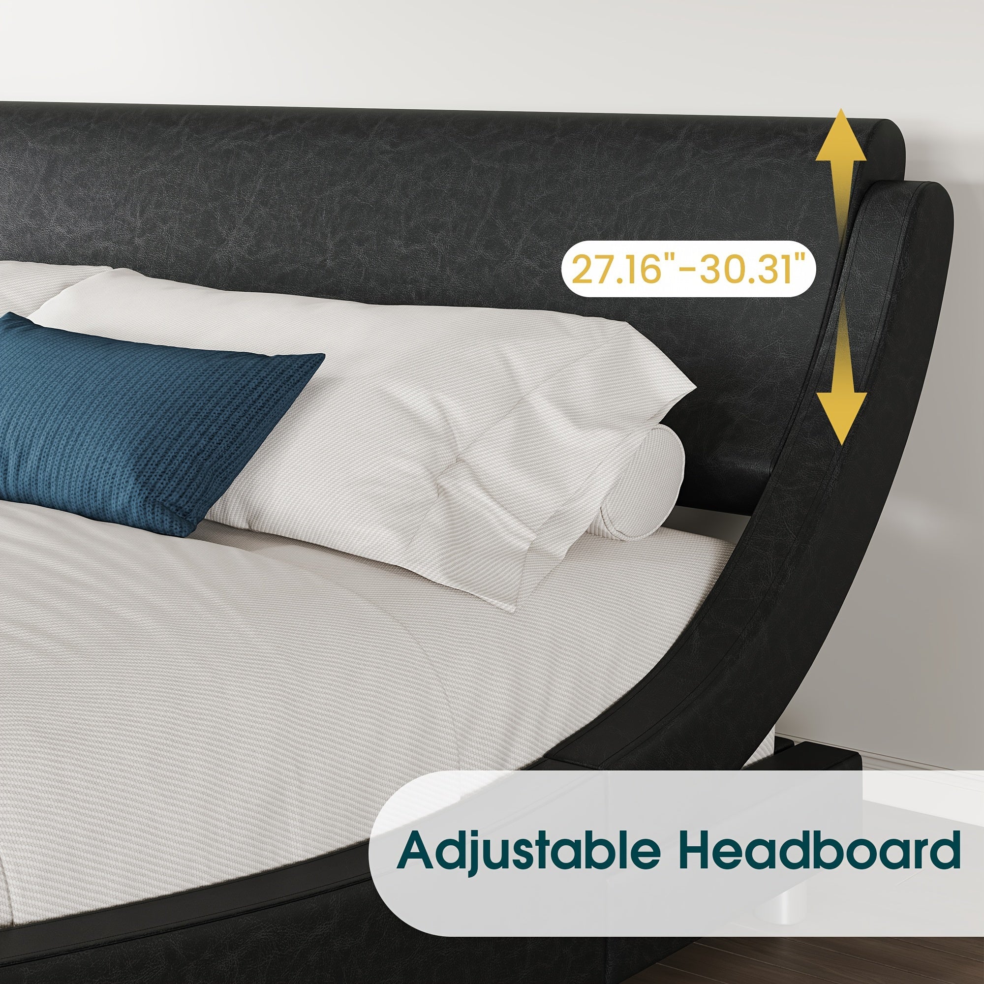 WEEWAY Modern Upholstered Platform Bed Frame, Faux Leather Sleigh Bed With Adjustable Headboard, Strong Wood Slats Support, No Box Spring Needed