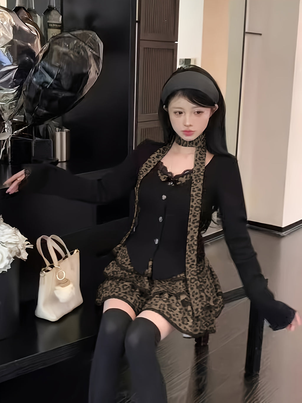 Leopard Print - Two-Piece Set: Crop Top + High-Waisted Flared Skirt - Sexy Mini Dress with Faux Two-Tone Design