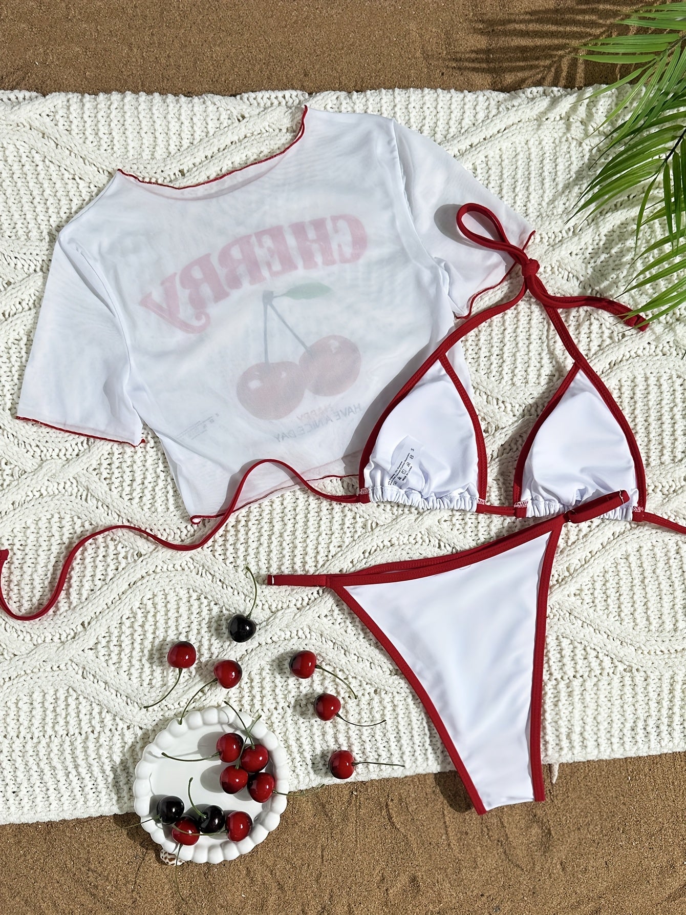 Letter Print Three-Piece Swimsuit Set with Halter Neck Top and High-Cut Triangle Bottoms Cherry Print