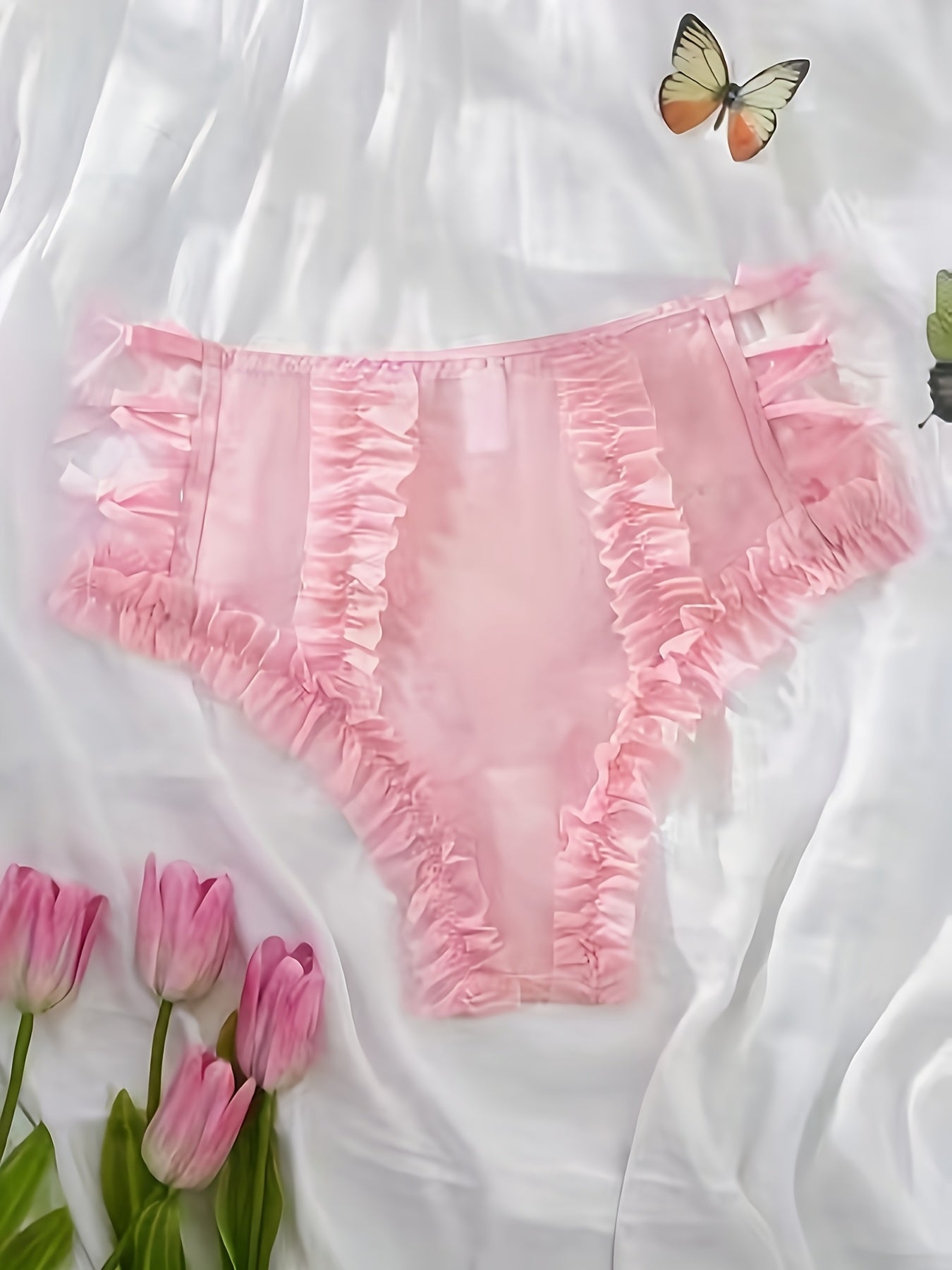 Lace Mesh Patchwork Ruffled Flounce Bow Fashion Underwear