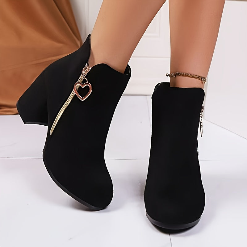 Chunky Heel Ankle Boots with Heart-Shaped Buckle & Golden-Tone Zipper Closure