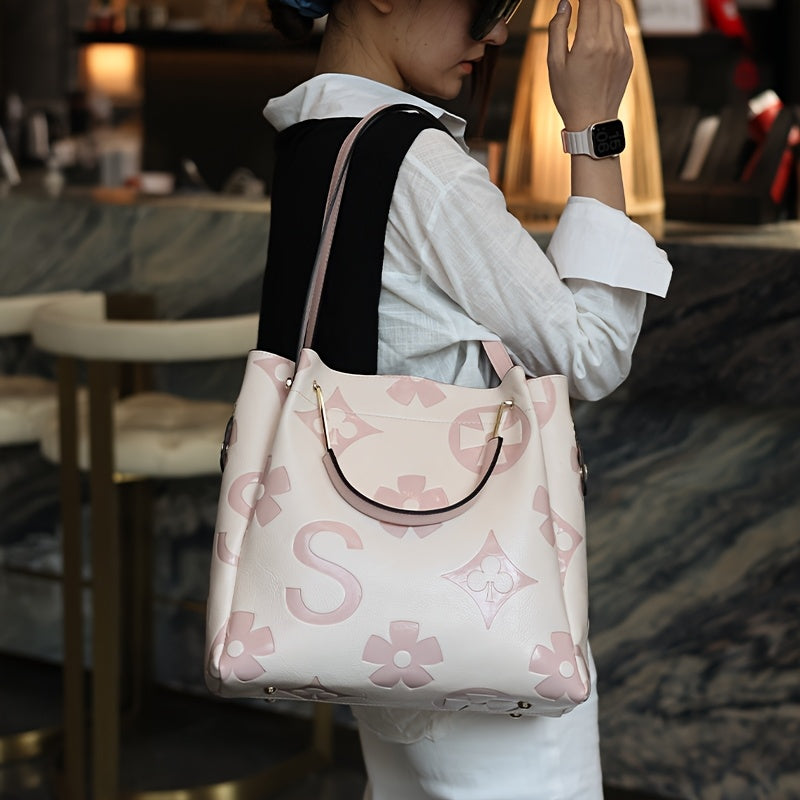 Floral Embossed Synthetic Leather Satchel Handbag