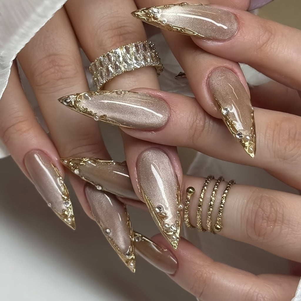 Set of 10 Handmade Press-On Nails Stiletto Shape in Champagne And Golden French Styles, Adorned with Luxurious Crystals And Shiny Pearls