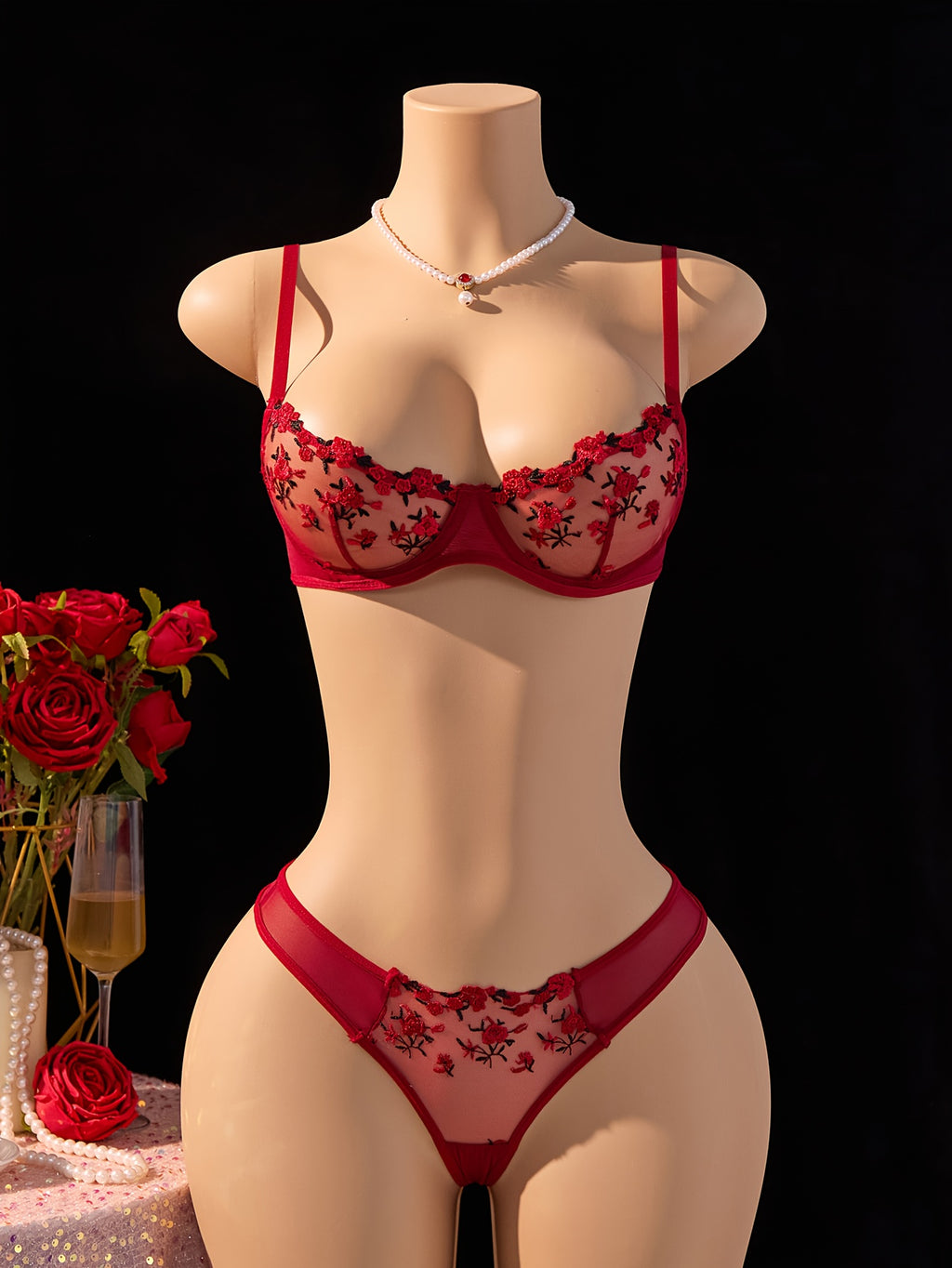 Classic Burgundy Floral Mesh Embroidered Lingerie Set