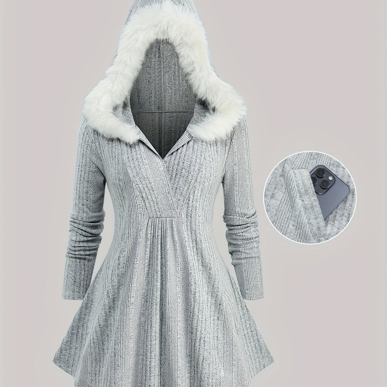 Solid Color Surplice Ribbed Textured Fleece Trim Hooded Top