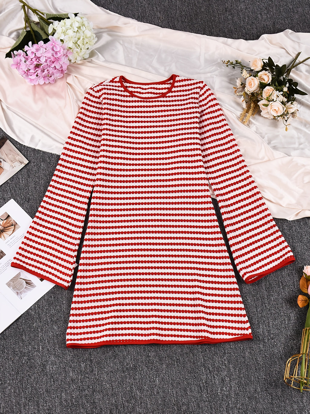 Elegant Slim-Fit Red & White Bell Sleeve A-Line Dress