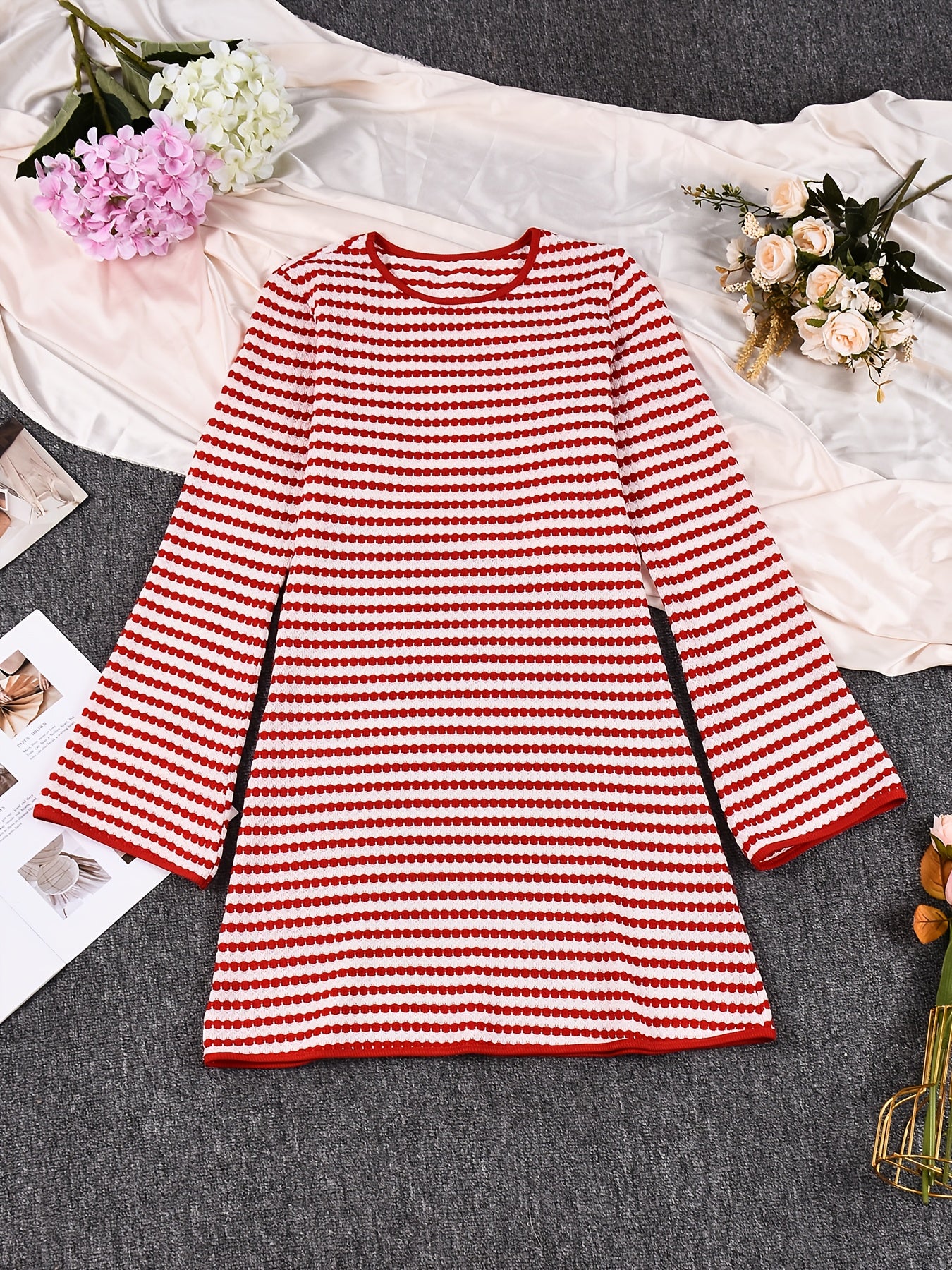 Elegant Slim-Fit Red & White Bell Sleeve A-Line Dress