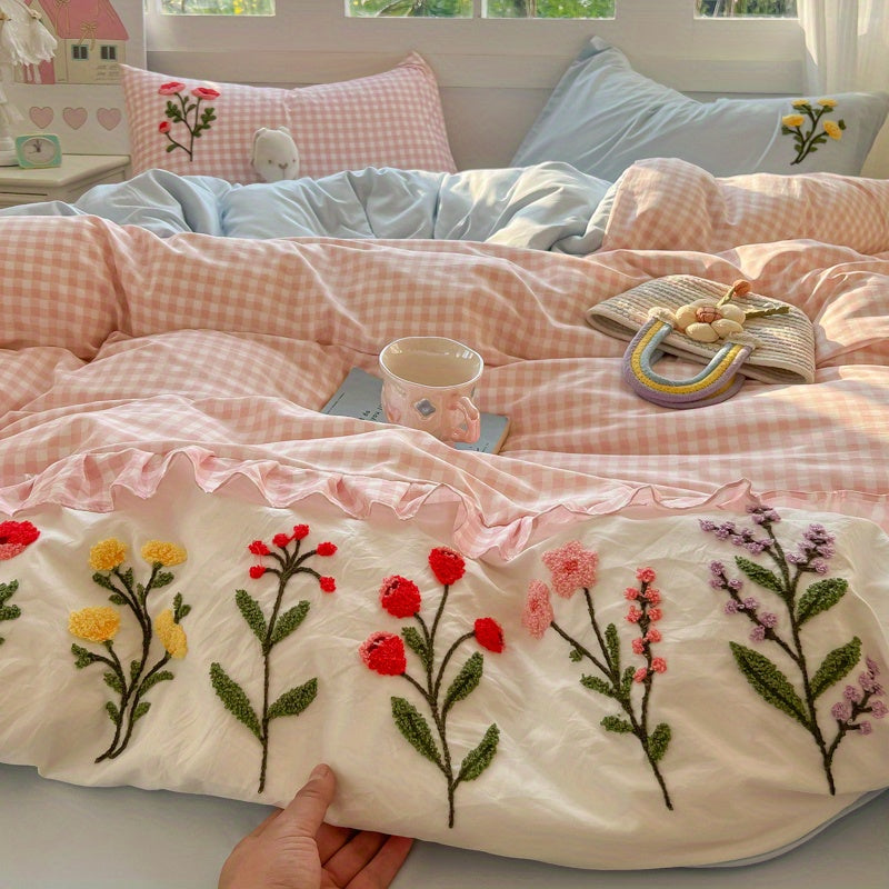 Pink Checkered + 3D Floral Embroidery Duvet Cover Set (1 Duvet Cover + 2 Pillowcases)