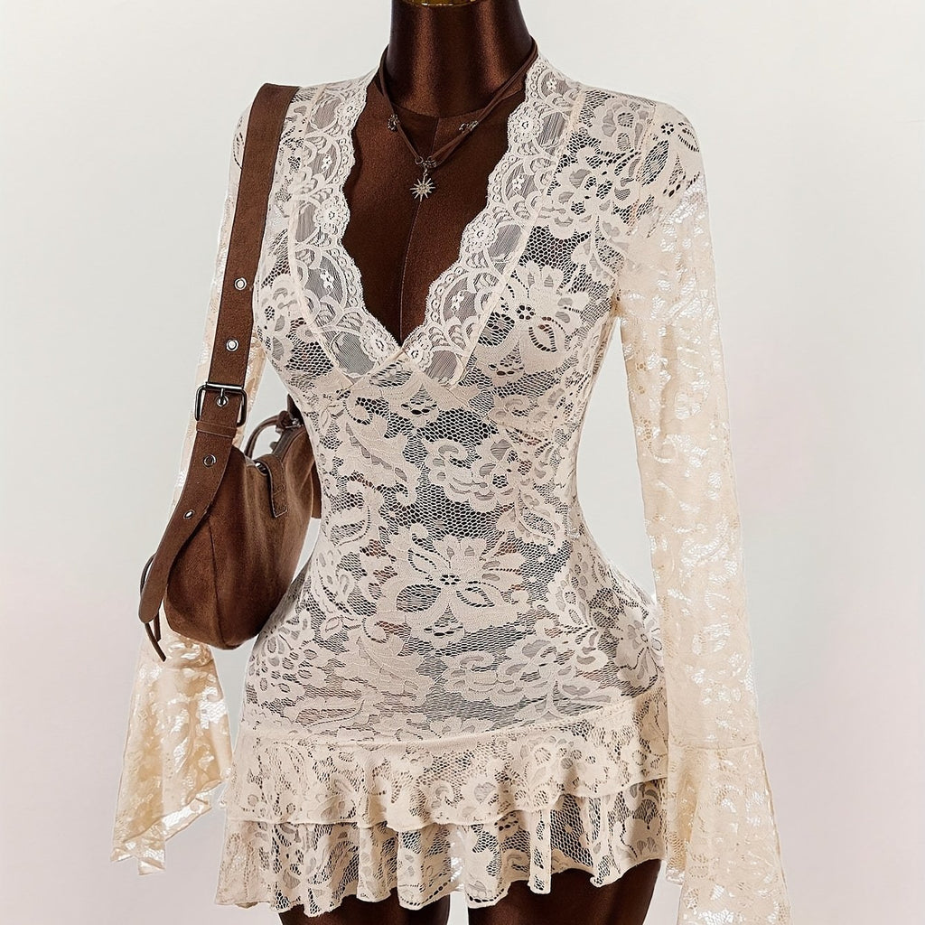 Women'S Bohemian Party & Festival Dress - Sheer V-Neck Mini Dress, Form-Fitting Party Outfit for Nightclub, Beach, Casual Outings - Lightweight Summer Dress for Women, Nightclub Attire, Elegant Design, Delicate Detailing, Boh