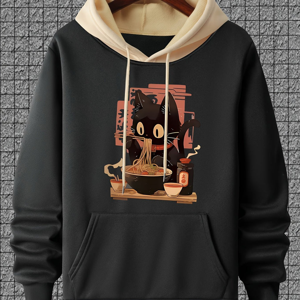 Casual Polyester Hoodie with Black Cat Eating Ramen Print