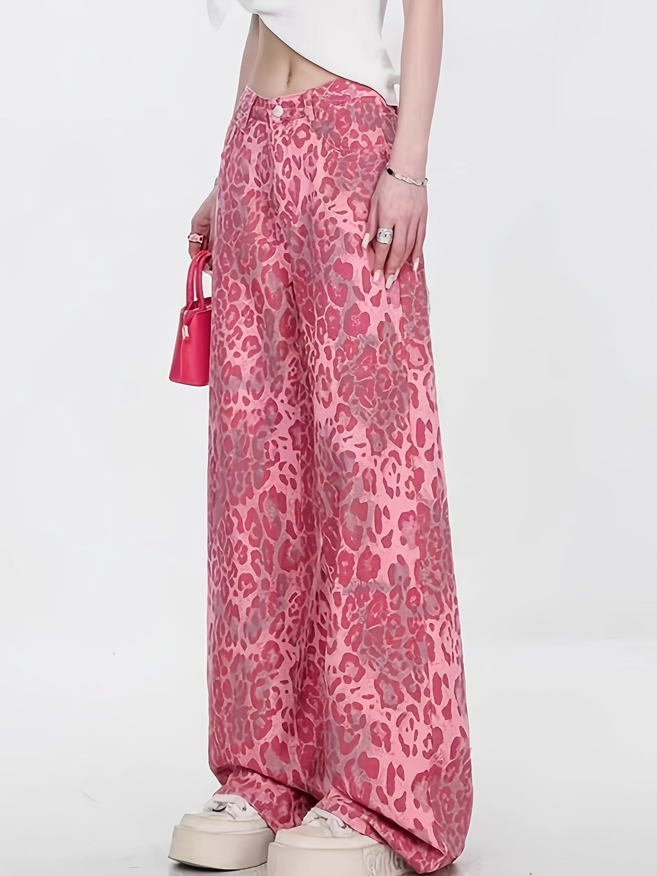 Loose Pink Leopard Print Denim Long Pants