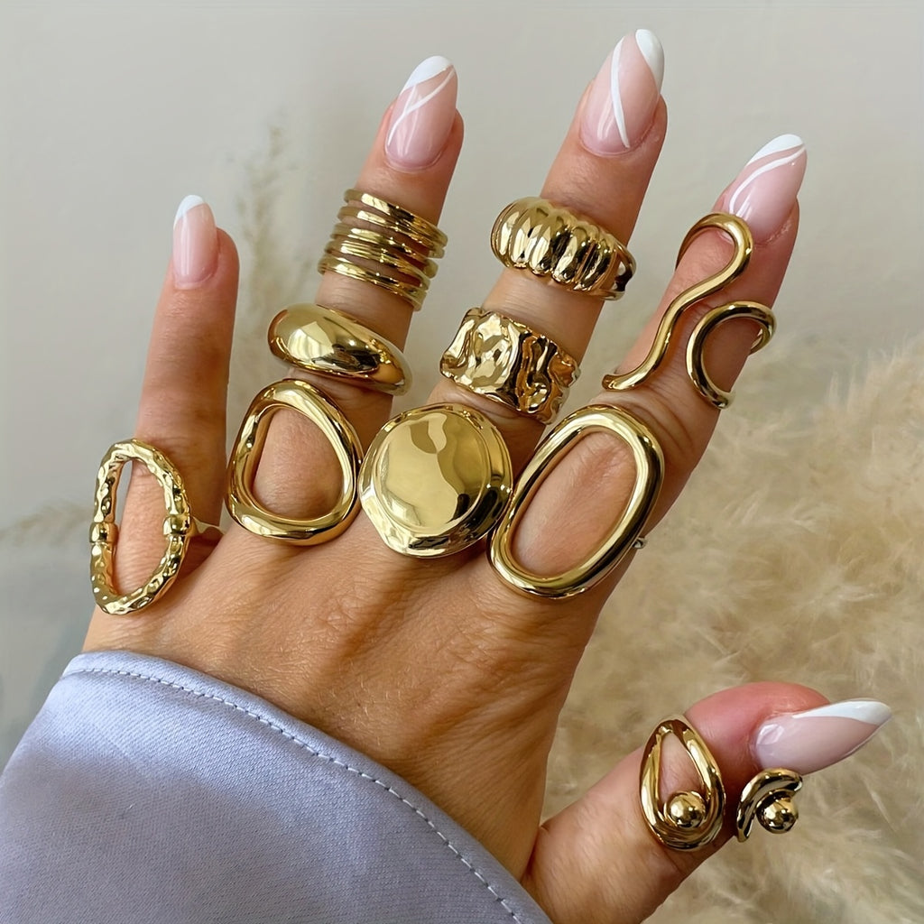 {10pcs} Geometric Pattern Hollow Wide Band Rings