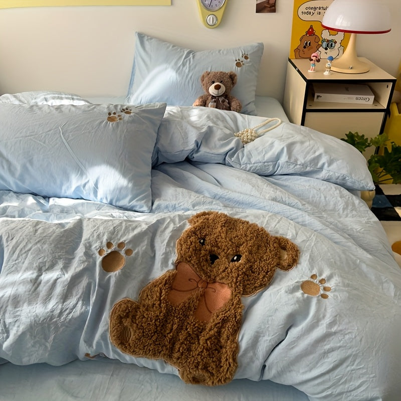 Teddy Bear Towel Bedding Set, Including 1 Duvet Cover, 1 Bed Sheet, And 2 Pillowcases
