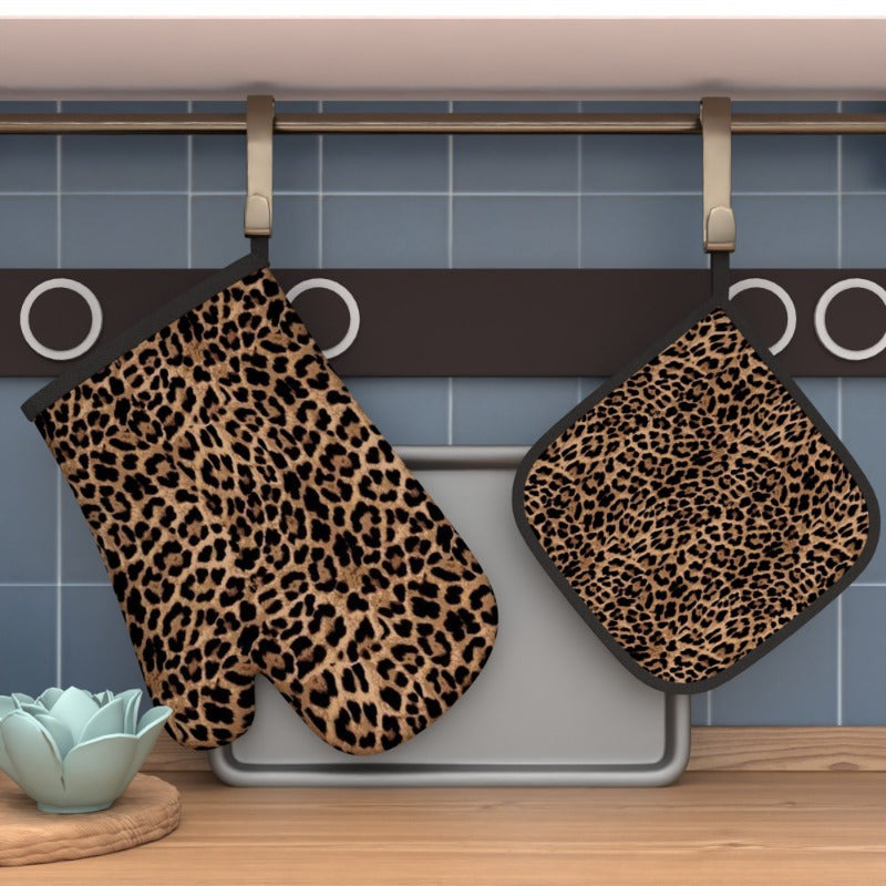 {2pcs} Heat-Resistant Oven Mitts & Pot Holders - Leopard Print Kitchen Gloves