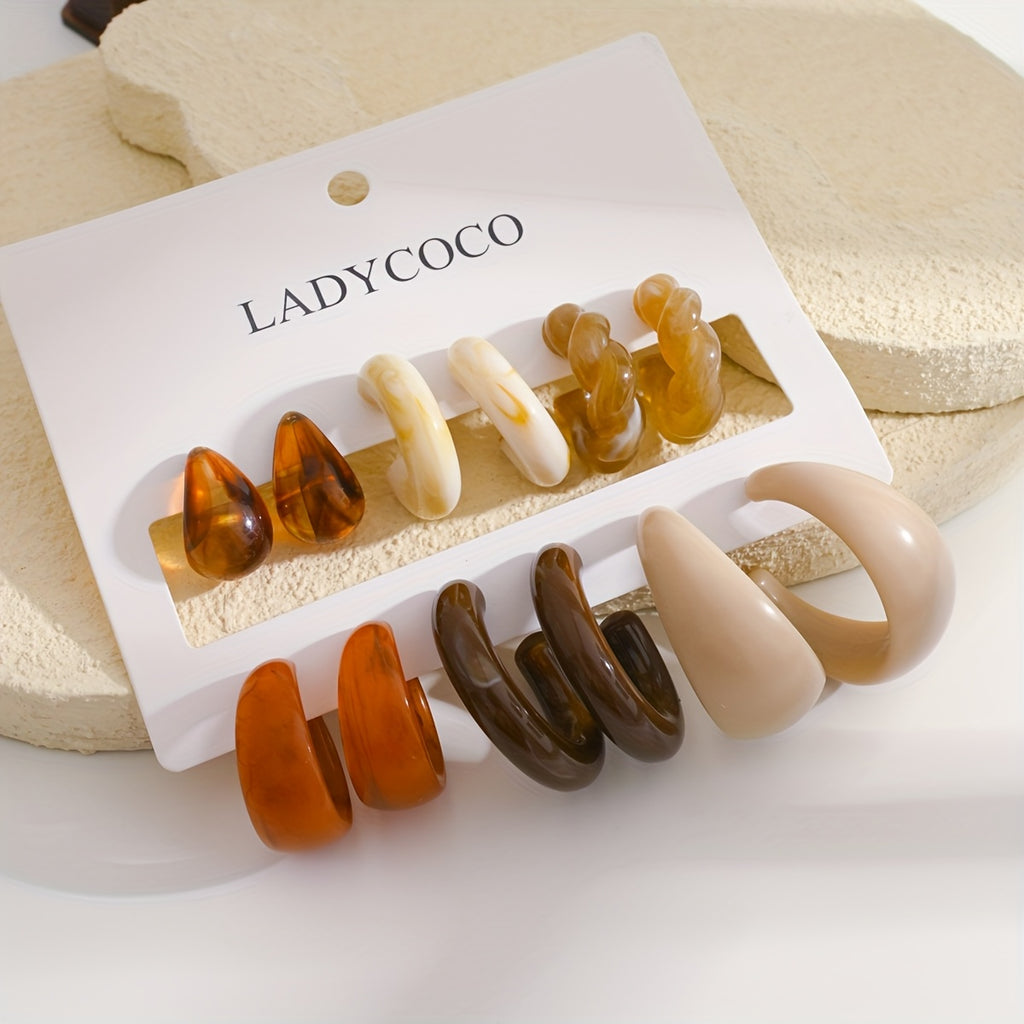 6 Pairs Elegant Geometric C-Shape Acrylic Earrings in Pastel and Earthy Tones
