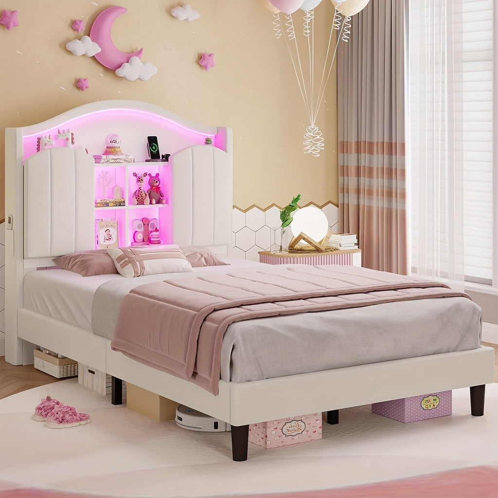 Upholstered Princess Twin Bed with LED Lights & Power Outlts