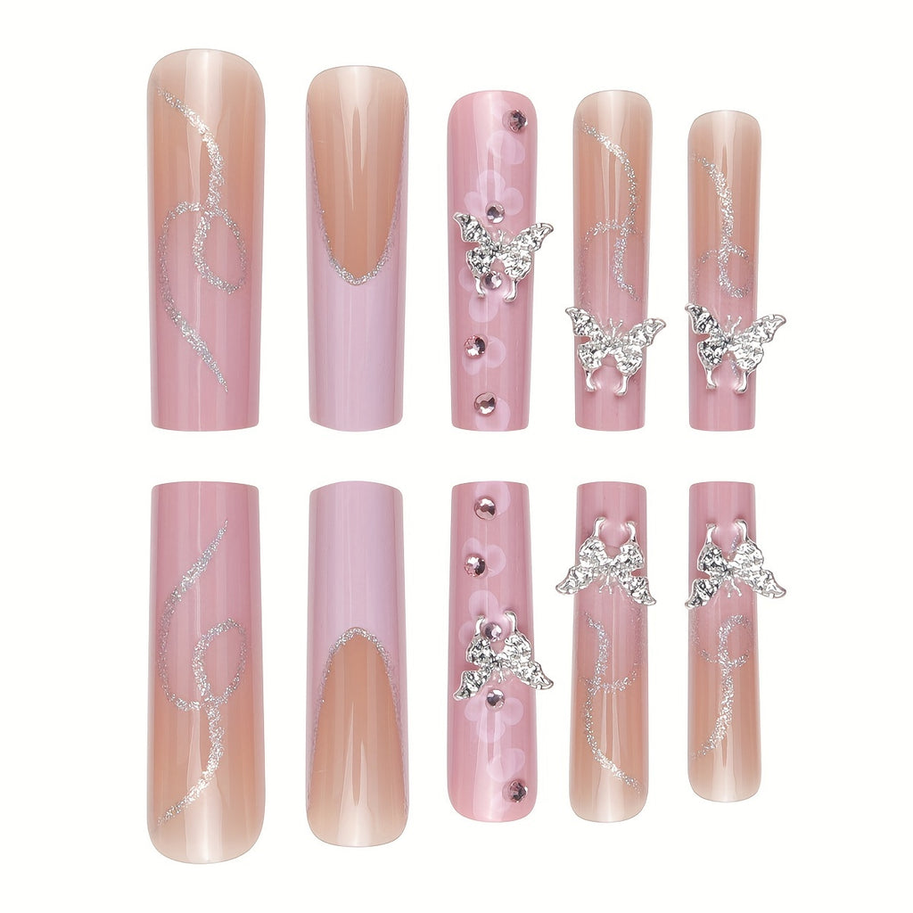 {24pcs} Extra-Long Coffin French & Ombre & Floral Pattern 3D Butterfly Rhinestone Full Cover Glossy Fake Nails