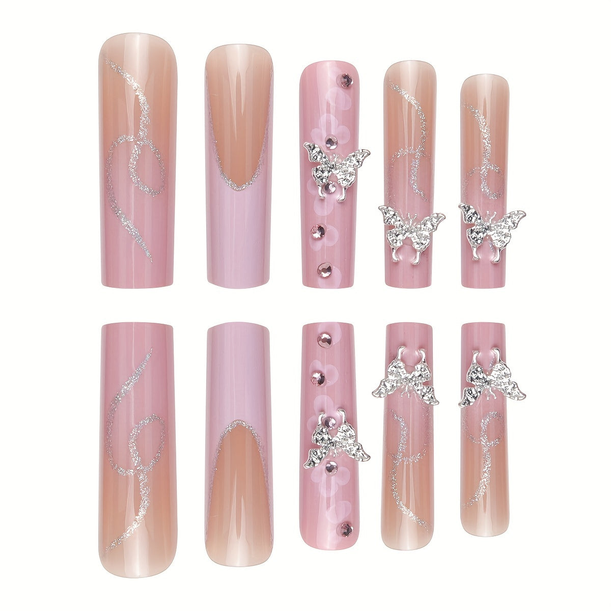 {24pcs} Extra-Long Coffin French & Ombre & Floral Pattern 3D Butterfly Rhinestone Full Cover Glossy Fake Nails