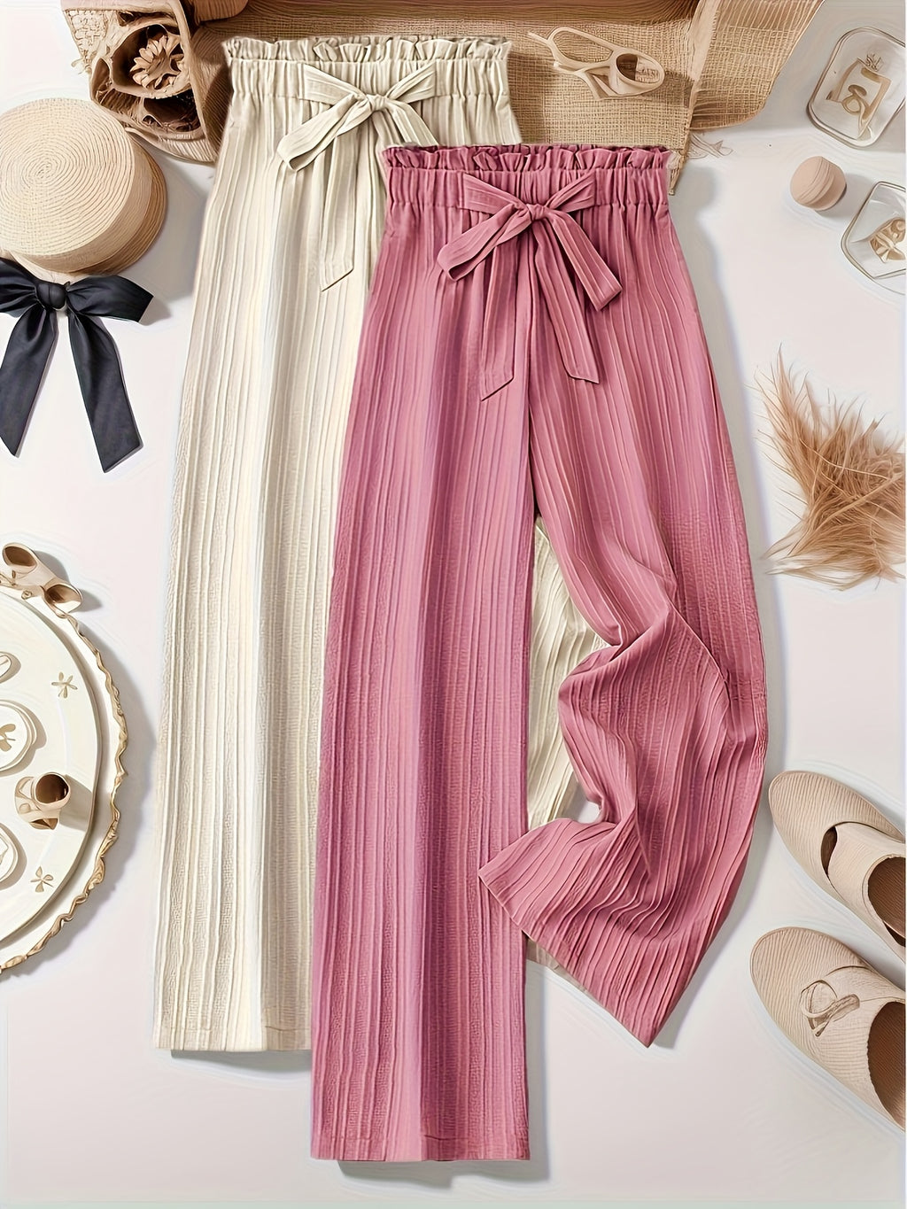 Two-Pack Pleated Striped Pants with Bow Detail