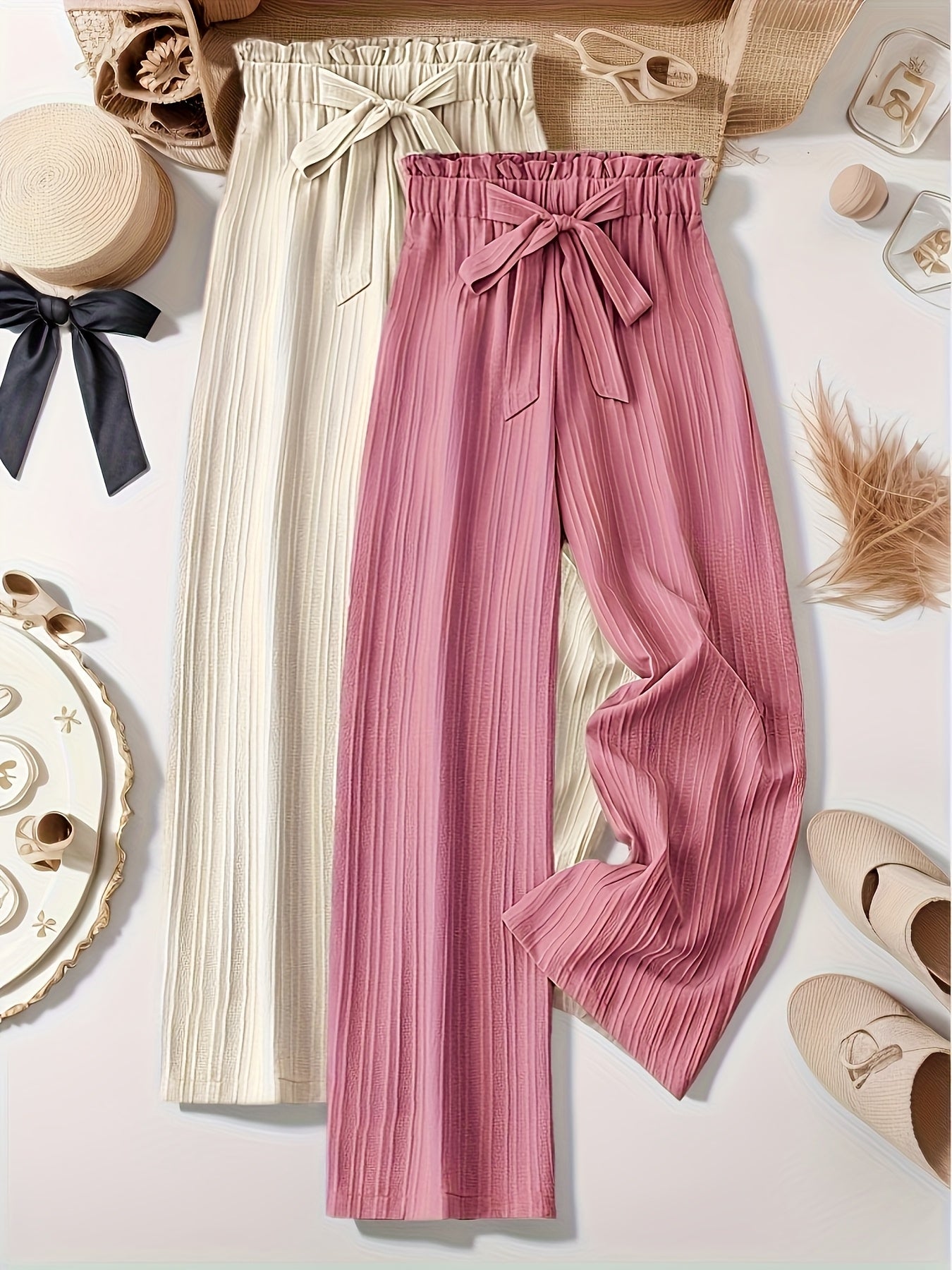 Two-Pack Pleated Striped Pants with Bow Detail