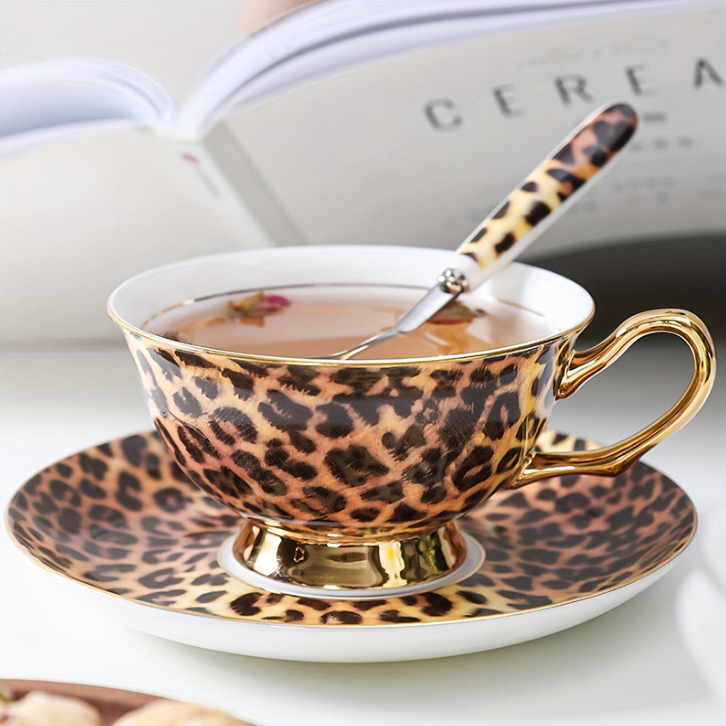 Leopard Print Ceramic Tea Cup、Spoon And Saucer Set