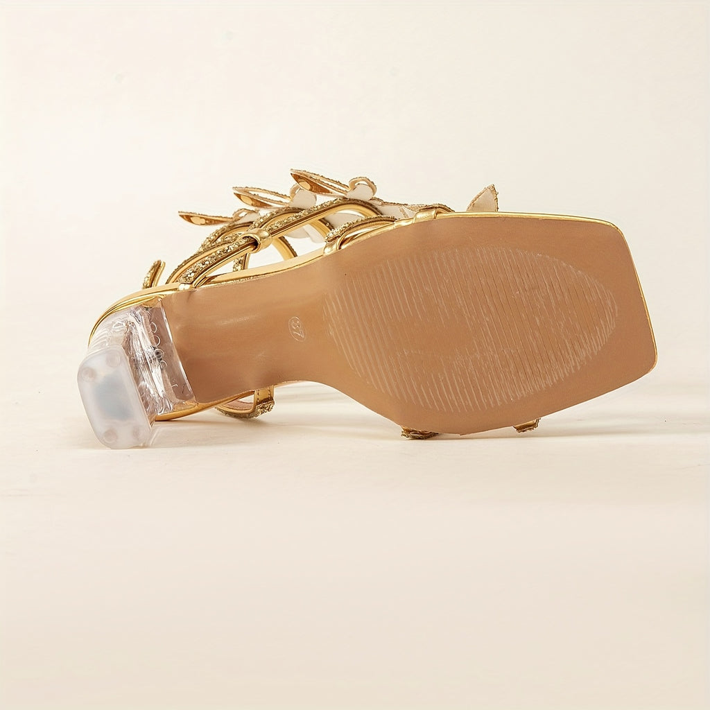 Elegant Rhinestone & Butterfly-Decorated High Heel Sandals