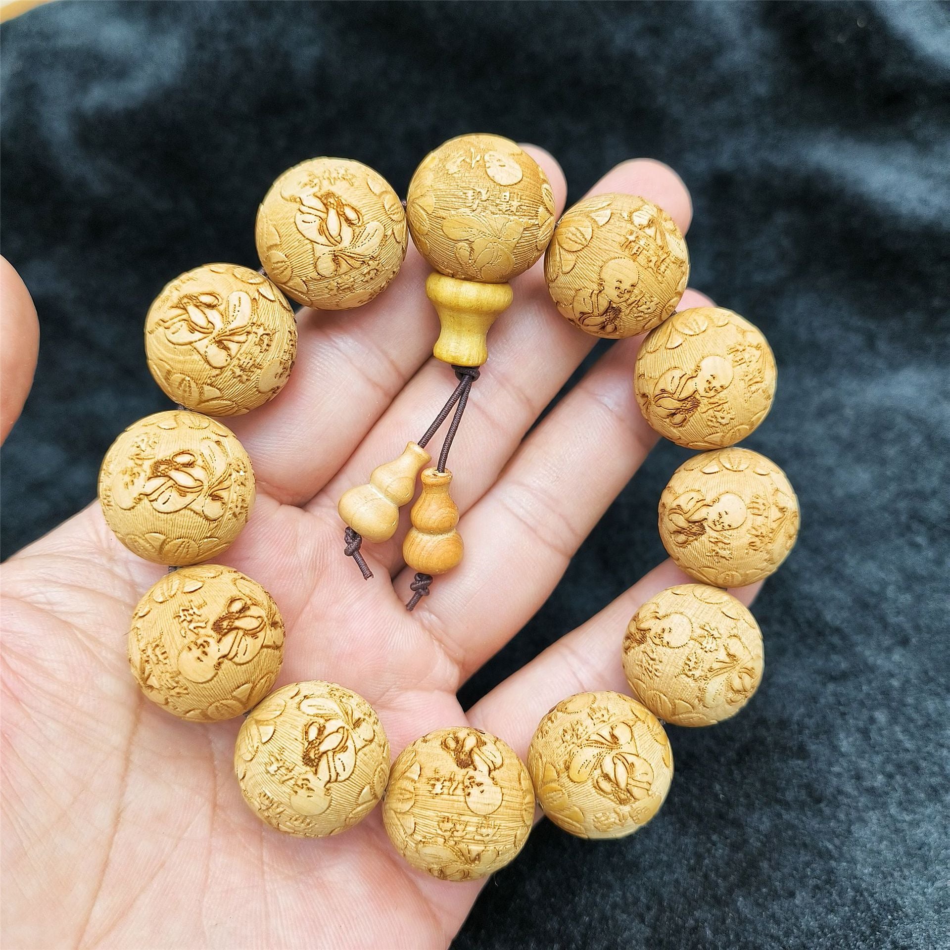 Wooden Carved Bracelet with Dragon and Phoenix Auspicious Patterns