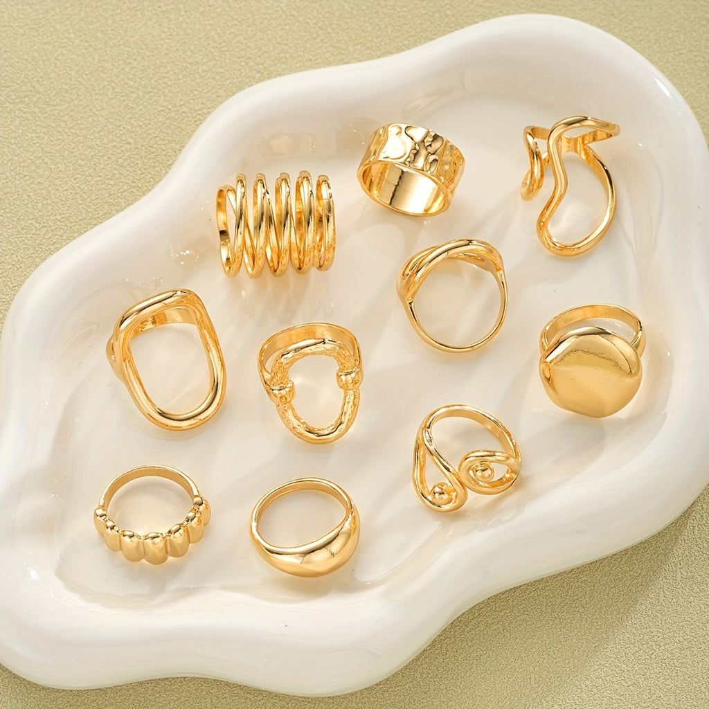 {10pcs} Geometric Pattern Hollow Wide Band Rings
