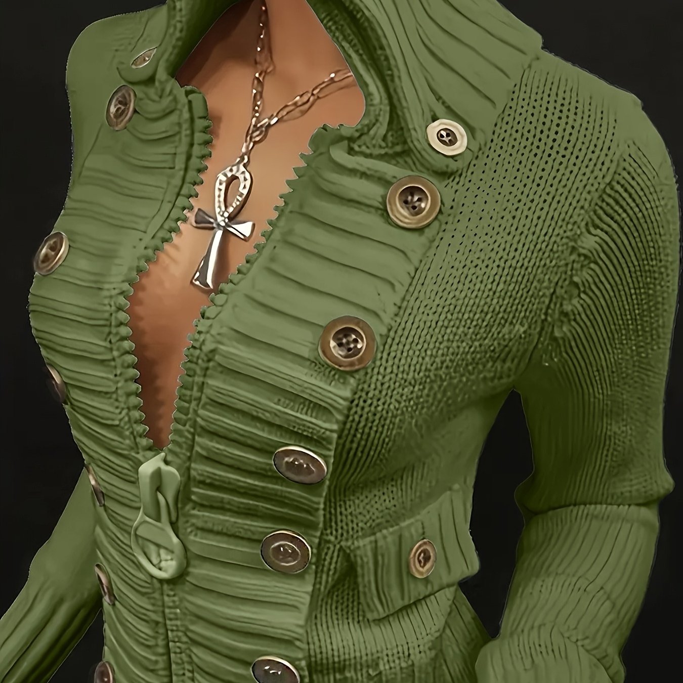 Women's Black Cardigan - Slim-Fit Sweater with Front Zipper & Golden Buttons, Elegant Stand-Up Collar for Formal/Casual Outfits - All-Season Chic Jacket, Versatile Layering, Modern Knitwear, Premium Finish, Fashionforward Wom