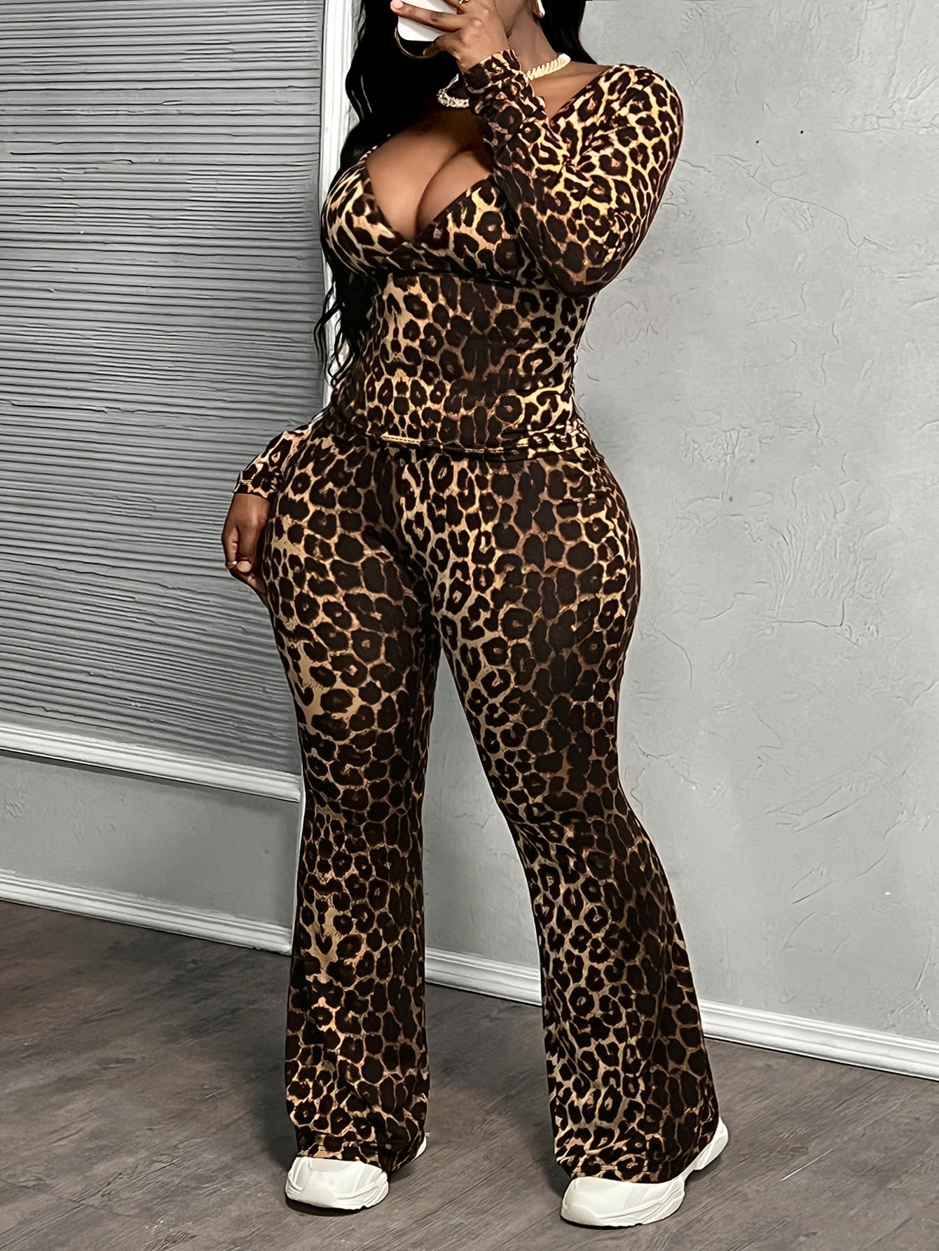 Long Sleeve Deep V-Neck Top And Leopard Print Pants Set