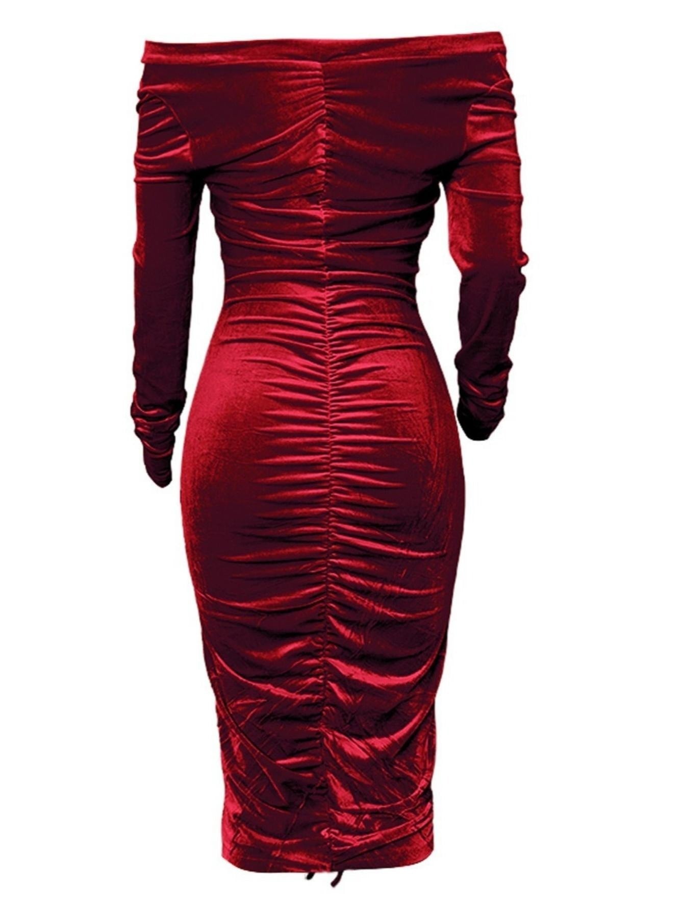 V Neck Off The Shoulder Velvet Ruched Mid-Length Dress