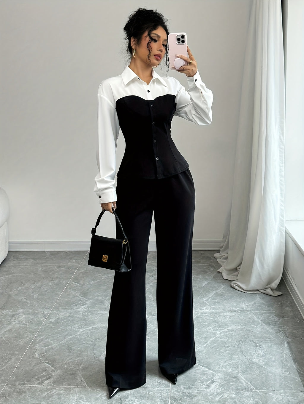 Women'S Elegant Two-Piece Outfit: Color Block Long Sleeve Shirt + Wide-Leg Pants, Polyester Blend, All-Season Wear, Casual Attire|Elegant Two-Piece|Polyester Blend