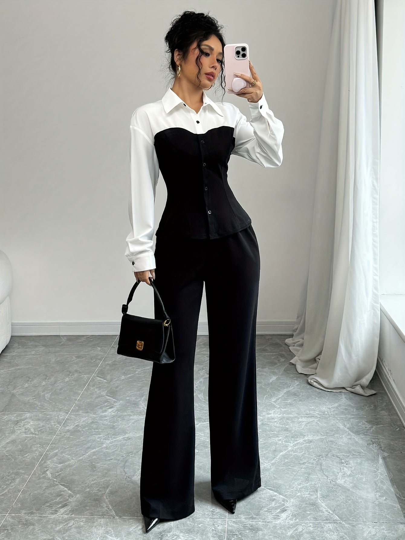 Women'S Elegant Two-Piece Outfit: Color Block Long Sleeve Shirt + Wide-Leg Pants, Polyester Blend, All-Season Wear, Casual Attire|Elegant Two-Piece|Polyester Blend